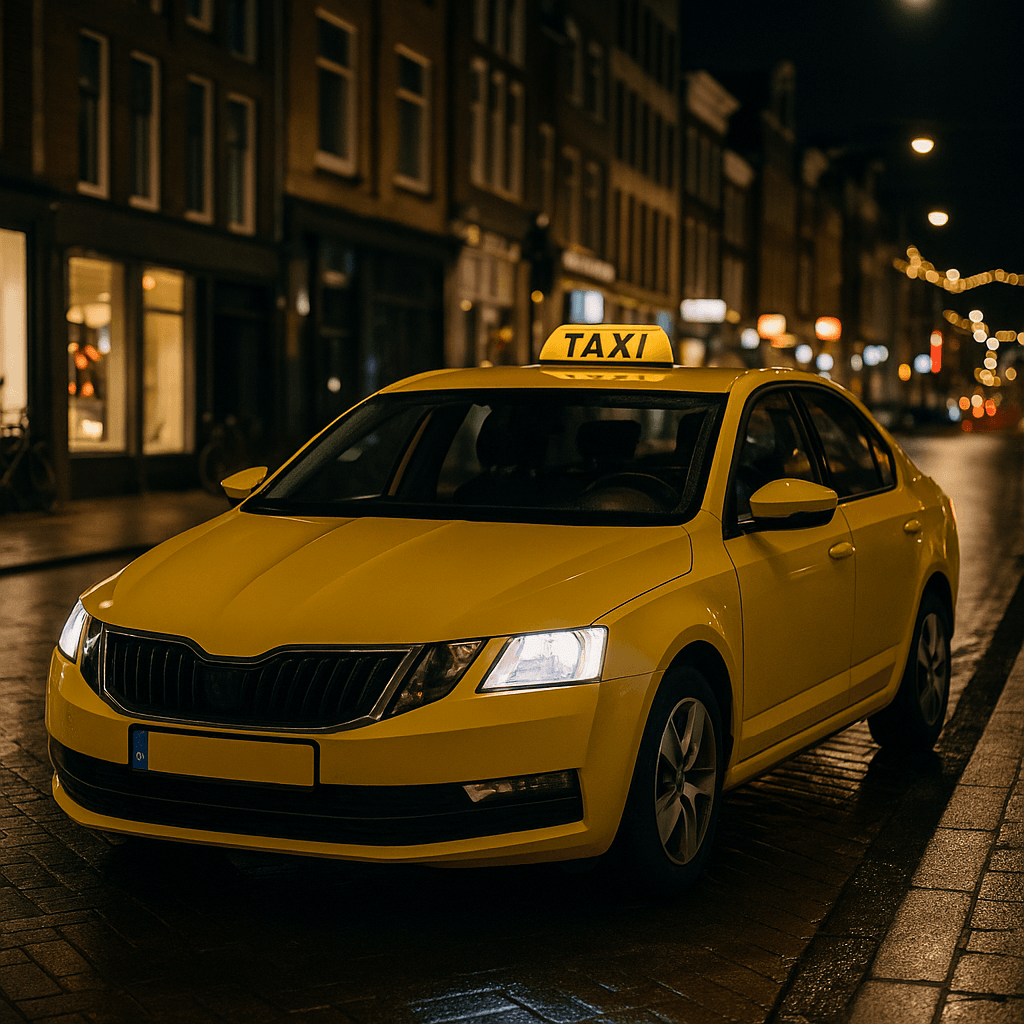 Gele taxi geparkeerd op straat bij avondlicht