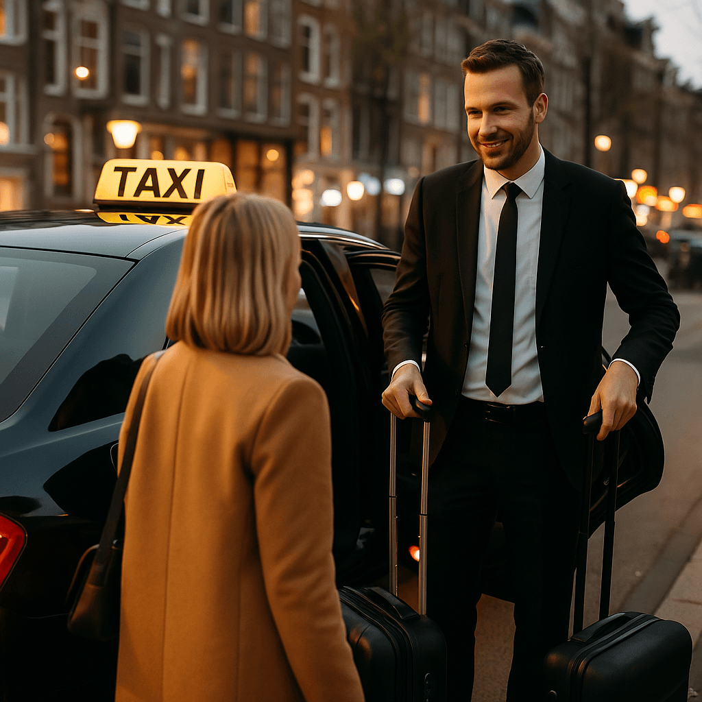 Taxi chauffeur opent de deur voor klant in zakelijke kleding